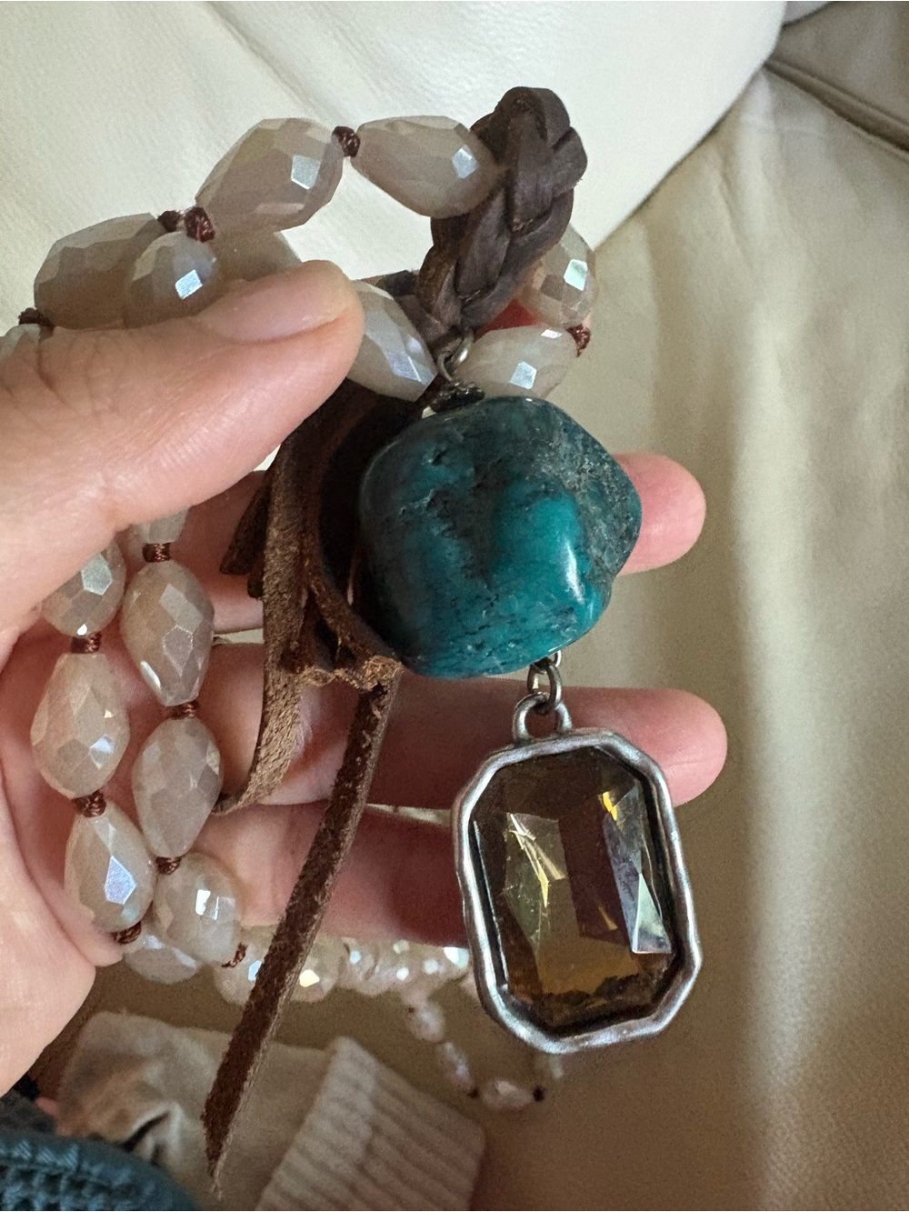 Handcrafted Turquoise & Smoky Crystal Pendant Necklace - Women Jewelry